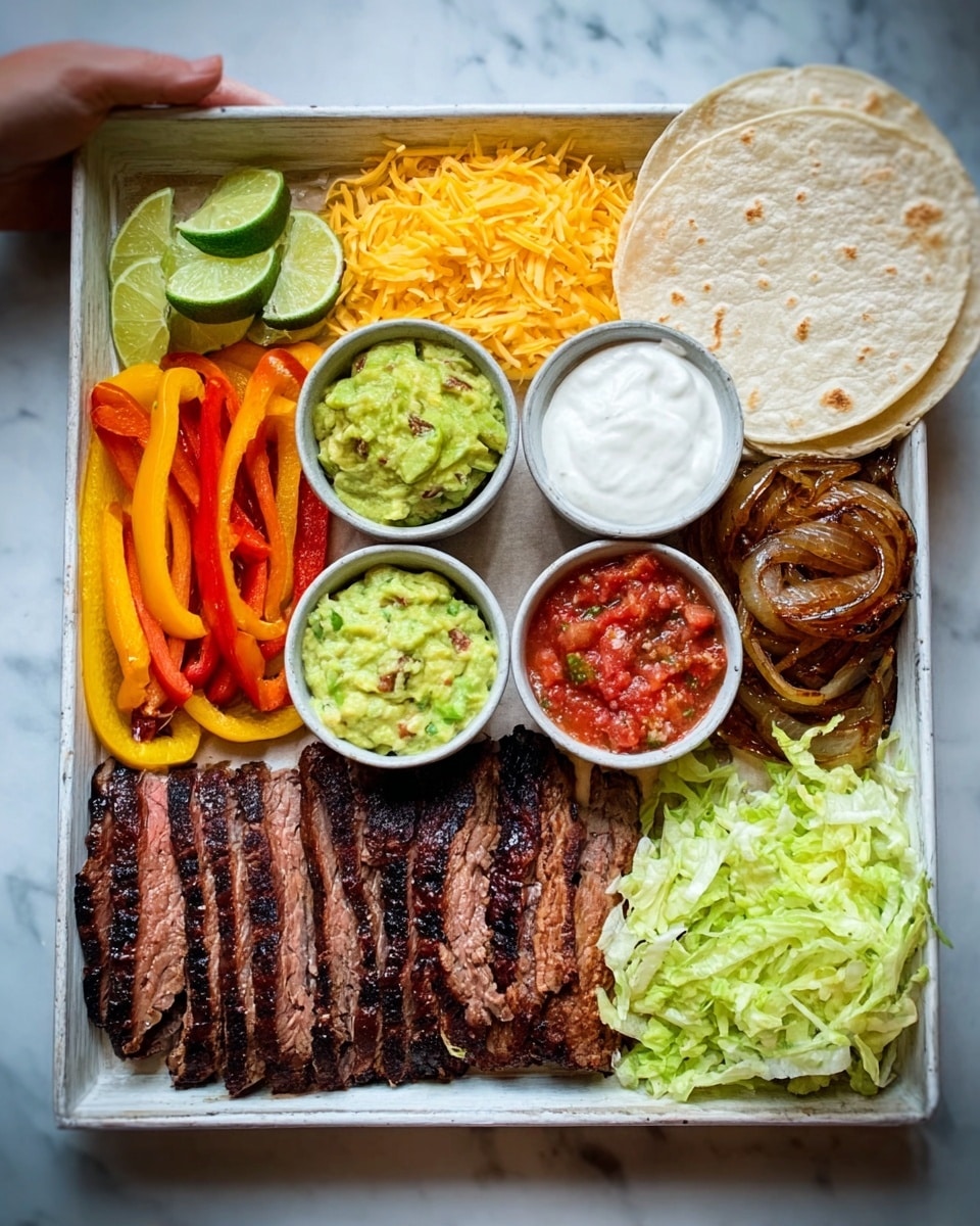 The image shows a large white tray filled with a colorful variety of food items arranged in separate sections. At the bottom center, there are several slices of grilled meat with a charred, dark brown surface and visible grill marks, while to the right of the meat, there are cooked onions that are soft and caramelized with a brown color. On the left side of the tray, there are cooked bell peppers in bright orange and yellow, sliced into strips. Above the grilled meat, there are three small bowls placed in a row: the middle bowl holds creamy green guacamole, the left bowl has white sour cream, and the right bowl contains red salsa with visible chunks of tomato. To the top left of the bowls, there is a pile of shredded yellow cheese, and next to it, a few folded white tortillas. At the top right corner of the tray, there is shredded green lettuce. At the bottom right corner of the tray, there are lime wedges. A woman’s hand is holding a white tortilla near the top of the tray. The tray is placed on a white marbled texture surface. photo taken with an iphone --ar 4:5 --v 7