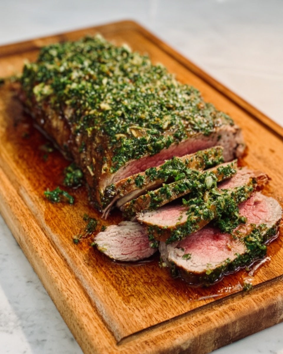 The image shows a wooden cutting board with a sliced piece of cooked meat. The meat has a green herb sauce spread evenly on top, covering the entire surface. The inside of the meat is pink and juicy, visible in each slice. The meat rests on the board, with the green sauce layer on top and the pink cooked meat below, with some juices pooling slightly around the bottom. The background is a white marbled texture. Photo taken with an iphone --ar 4:5 --v 7