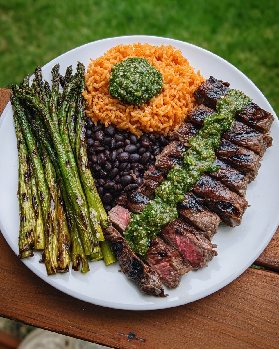 A white plate shows a colorful meal with four parts. On the left side, there is a bunch of grilled green asparagus with dark grill marks and a shiny, juicy look. Next to the asparagus is a round serving of black beans, dark and thick, topped with a touch of green herb sauce in the center. Above the beans is a mound of orange rice, fluffy with separated grains. On the right side of the plate are slices of grilled steak, medium cooked with a dark crust and pink inside, each topped with a chunky green herb sauce drizzled down the middle. The plate sits on a wooden surface with green grass visible in the background. photo taken with an iphone --ar 4:5 --v 7