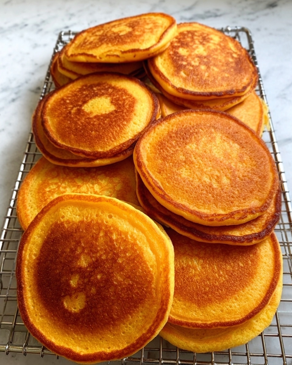 A close-up view of a stack of ten golden brown pancakes on a silver wire cooling rack, arranged in three layers with some overlapping. The pancakes have a smooth and slightly crispy texture with darker golden spots in the center and lighter edges. The background is a white marbled surface. photo taken with an iphone --ar 4:5 --v 7