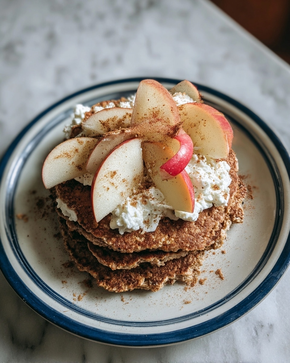 A stack of two thick, brown oat pancakes sits in the center of a white plate with a blue rim. Between the pancakes are slices of red-skinned apple and white cottage cheese, showing a textured contrast. On top, more apple slices and dollops of cottage cheese are arranged, sprinkled lightly with cinnamon powder, giving a warm brown touch. The plate rests on a white marbled surface. photo taken with an iphone --ar 4:5 --v 7