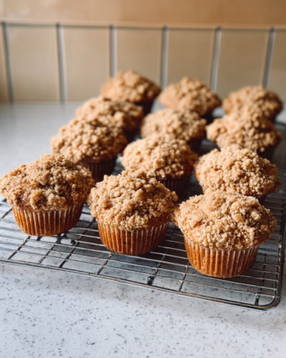 The image shows twelve muffins with crumb topping placed on a silver cooling rack. Each muffin has a light golden-brown base with a rough, crumbly layer on top, giving them a textured and slightly uneven surface. The muffins are all arranged close together in a 3x4 pattern on the rack. The background features a white marbled surface and beige tiled walls behind the rack. Photo taken with an iphone --ar 4:5 --v 7
