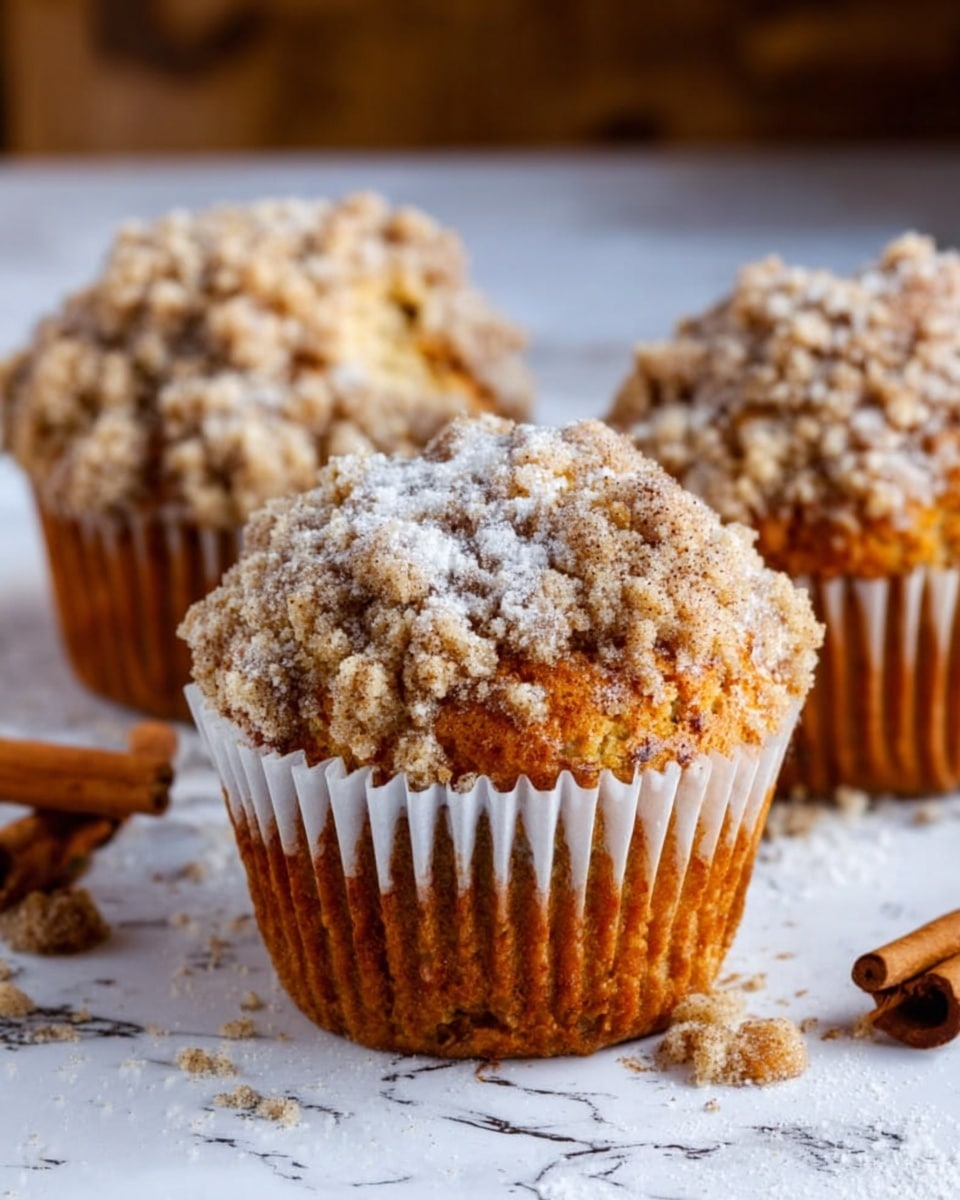 A close-up view of three muffins on a white marbled surface, each with a golden-brown crumb topping sprinkled with powdered sugar. The muffin in the front has its white paper liner peeled halfway down, revealing a moist, speckled, light brown cake with a crumbly texture. The two muffins in the background are fully wrapped in their white paper liners, sitting slightly out of focus, with the crumb topping appearing thick and uneven. Small crumbs and a cinnamon stick lay on the surface around the muffins, adding to the rustic feel. Photo taken with an iphone --ar 4:5 --v 7
