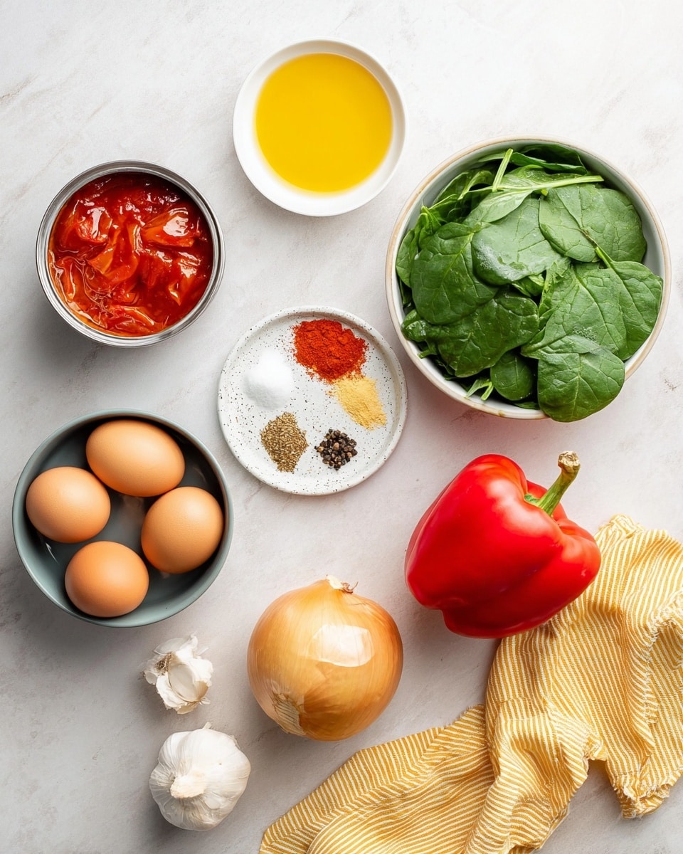 A collection of cooking ingredients arranged on a white marbled background includes a round white bowl filled with fresh green spinach leaves at the top right, and a smaller round white dish with various spices including red chili powder, black pepper, salt, and others in the center. To its right, a white bowl holds golden yellow oil. Below these, a whole red bell pepper sits next to a yellow onion on the right side by a yellow and white striped cloth. On the left side, an open tin of bright red whole peeled tomatoes is visible near three peeled garlic cloves. At the bottom left, a gray bowl contains six brown eggs. photo taken with an iphone --ar 4:5 --v 7