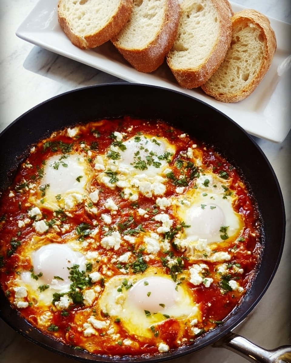 A black pan is filled with a tomato sauce base, topped with four cooked eggs evenly spaced in a circular shape. The eggs have white, smooth, and slightly runny whites, surrounded by a rich red sauce mixed with melted cheese that is light yellow and slightly melted. Crumbled white cheese and chopped green herbs are scattered over the surface, adding texture and color contrast. To the back, a white long plate holds five slices of crusty bread with a soft, light beige inside. The scene is set on a white marbled surface. photo taken with an iphone --ar 4:5 --v 7