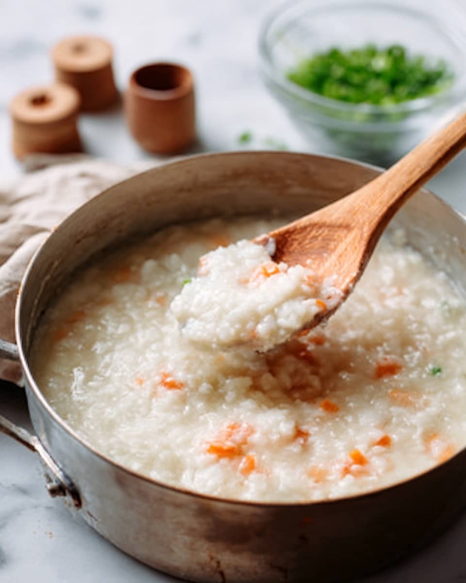 A close-up image of a metal pot filled with creamy rice porridge, showing soft, thick white grains mixed with small orange carrot pieces. A wooden spoon is lifting some of the porridge, with the texture looking smooth and a bit chunky. The pot is placed on a white marbled surface, and in the background, there is a glass bowl with green chopped vegetables and a blurred view of small containers. The photo has a warm and cozy feel. Photo taken with an iphone --ar 4:5 --v 7