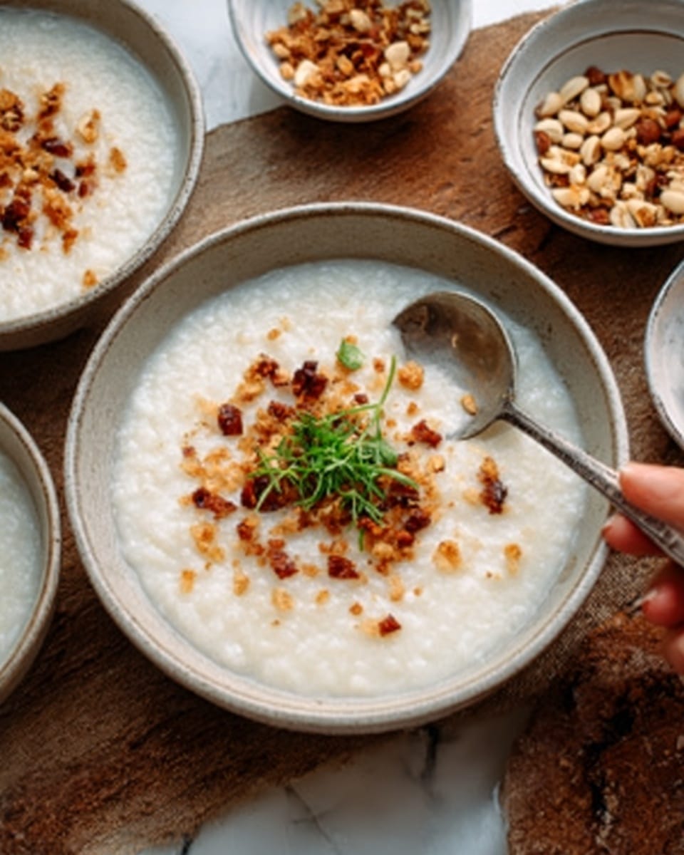 The image shows a white bowl filled with a creamy white porridge that looks smooth and thick. On top, there are small brown crunchy pieces spread evenly, with a small bunch of green herbs placed in the center for color contrast. A silver spoon is resting inside the bowl, slightly covered with the porridge, and is held by a woman's hand reaching from the left side. Around the bowl, there are a few small white bowls filled with similar crunchy pieces and nuts, all placed on a white marbled surface with a brown wooden texture partially visible underneath. photo taken with an iphone --ar 4:5 --v 7