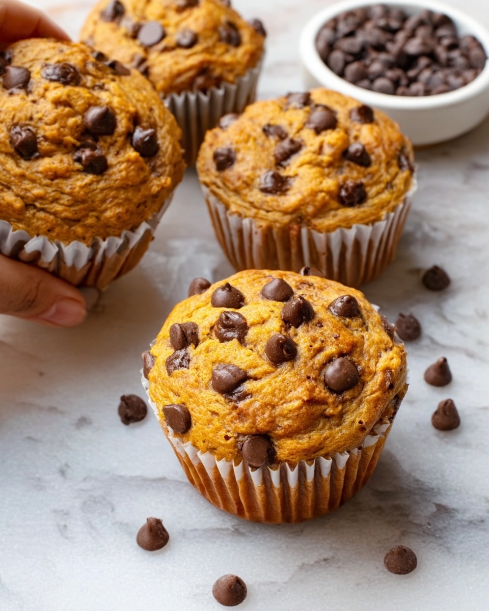 The image shows four golden brown muffins with a slightly rough texture, topped with many small chocolate chips. One muffin in the front is fully visible, showing a bumpy top with melted chocolate chips scattered around. To the left, a woman's hand is holding a muffin that is still in a white paper liner, with a few more muffins and a small white bowl filled with extra chocolate chips in the background. The muffins and bowl sit on a white marbled surface. Photo taken with an iphone --ar 4:5 --v 7