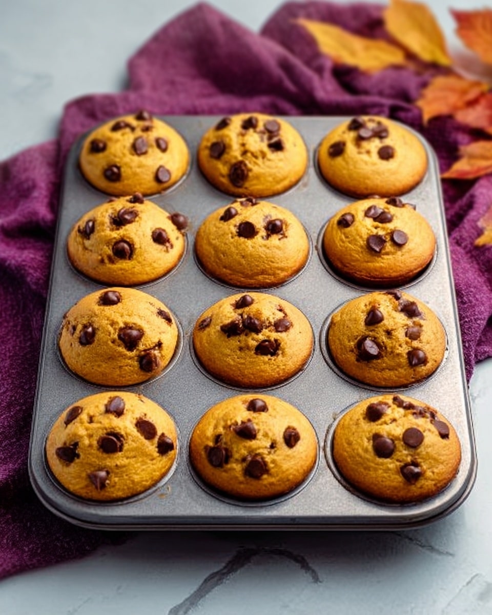 A metal muffin tray filled with twelve golden brown muffins, each topped with dark brown chocolate chips scattered unevenly on the surface. The muffins have a slightly domed shape with a soft texture, showing some cracks on top where the chocolate chips are slightly melted. The tray sits on a white marbled surface, with a deep purple cloth and some autumn leaves blurred in the background. Photo taken with an iphone --ar 4:5 --v 7