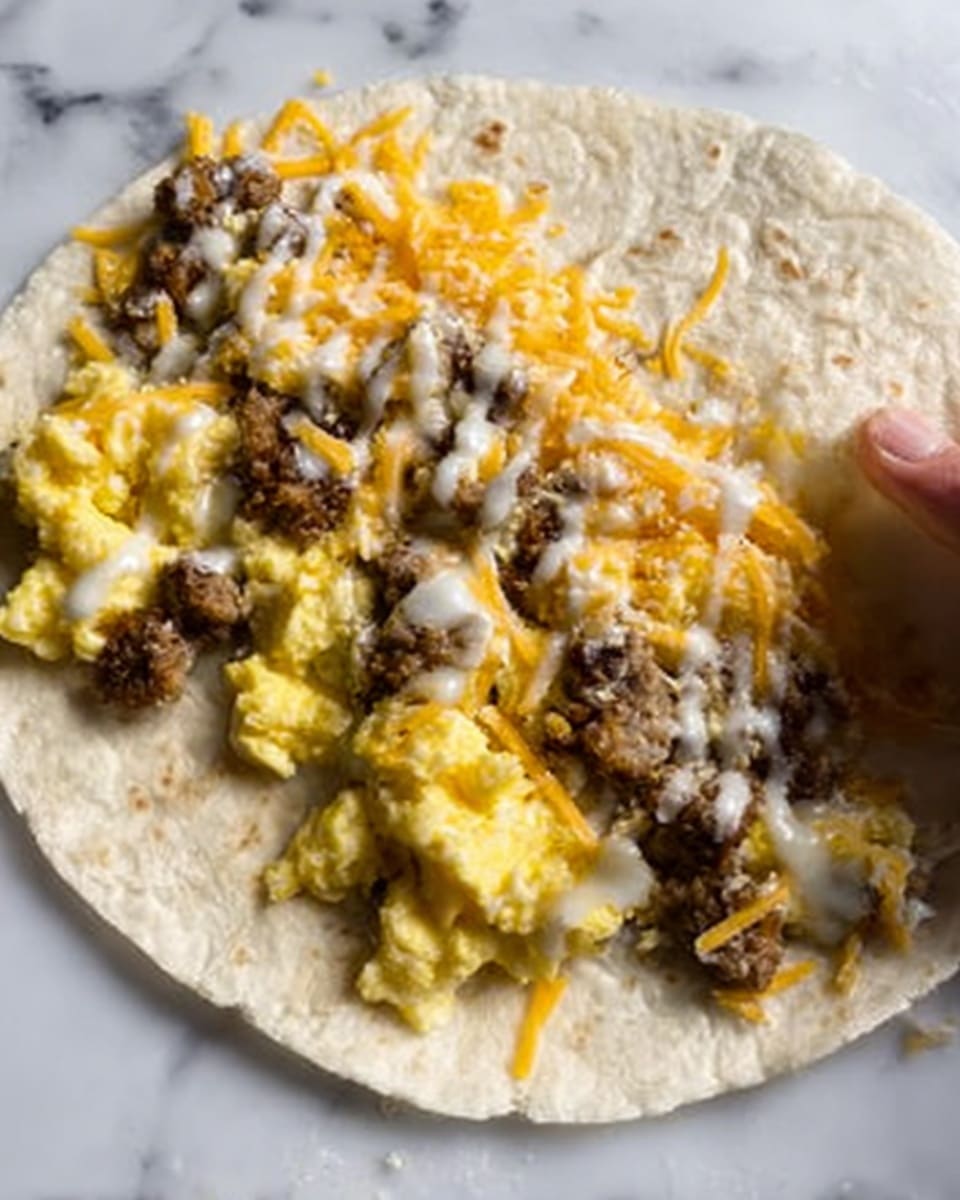 The image shows an open white flour tortilla spread flat on a white marbled surface. On the left side of the tortilla, there is a layer of scrambled yellow eggs with a soft, slightly moist texture. Mixed throughout the eggs are small pieces of cooked brown sausage with a crumbly texture. A drizzle of white, creamy sauce is spread unevenly over the eggs and sausage. There is also some shredded light orange and white cheese sprinkled mostly on top of the eggs and sausage. A woman's hand is holding the edge of the tortilla, lifting it slightly. The background and surface have a clean white marble look. Photo taken with an iphone --ar 4:5 --v 7