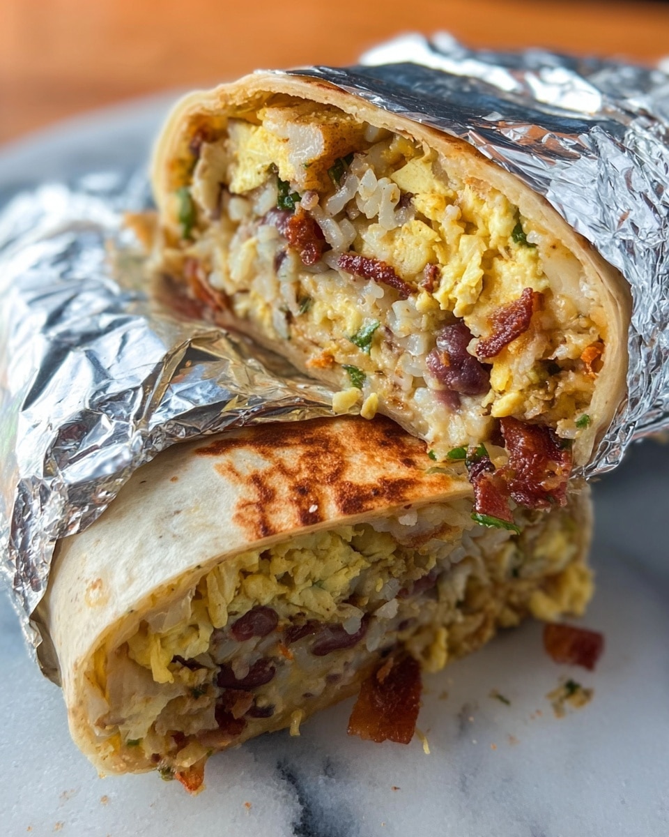 A close-up image shows a burrito cut in half, wrapped partially in shiny aluminum foil, resting on a white marbled surface. The burrito has a warm, light brown tortilla with some char marks on the edges. Inside, there are about four visible layers: the outer layer is the soft tortilla, followed by a layer of scrambled eggs that are yellow with small green herb flecks, then a layer of white rice mixed with bits of dark brown beans and green herbs, and finally pieces of crispy bacon with a reddish-brown color scattered throughout. The layers look well packed and slightly moist. Photo taken with an iphone --ar 4:5 --v 7