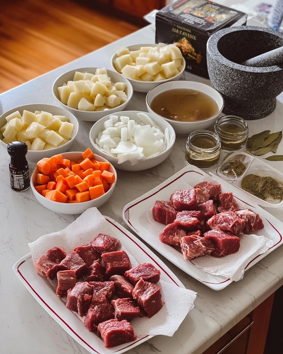 The image shows a white marbled countertop with various ingredients neatly organized for cooking. In the foreground, two white rectangular plates with red rims hold chunks of raw red meat on paper towels to soak moisture. Behind them are four small white bowls containing diced white onions, bright orange carrot pieces, peeled white root vegetables, and soaked yellow potatoes partially submerged in water. To the right, a white bowl with bay leaves, a small white bowl with green powder, and an open jar of dark-colored sauce sit next to a granite mortar and pestle. There is also a small dark glass bottle nearby. The scene is well-lit and clean, ready for meal preparation photo taken with an iphone --ar 4:5 --v 7