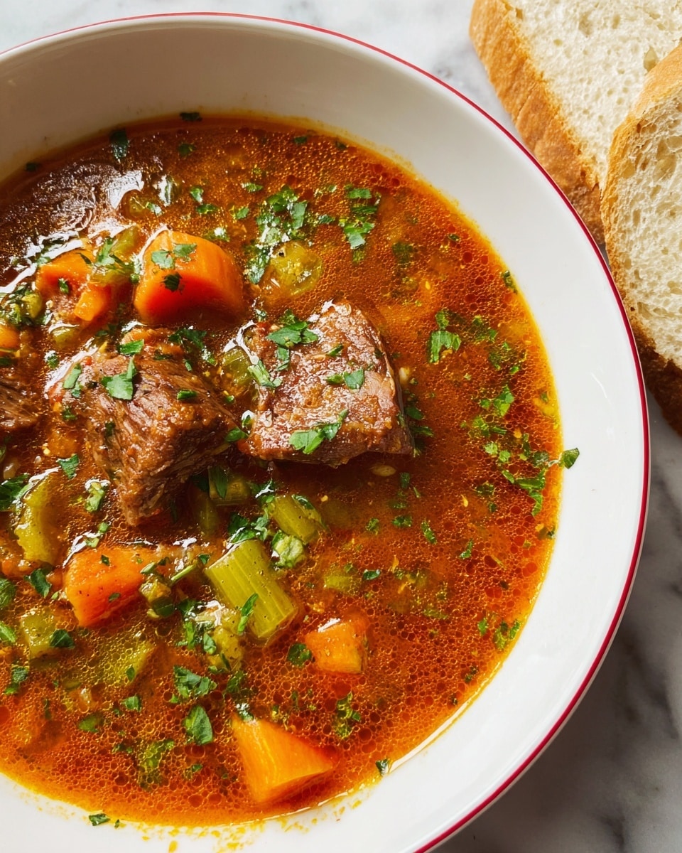 A bowl of thick beef stew sits in a white bowl with a thin red rim, filled with three chunks of brown beef, bright orange carrots, and small green pieces of celery. The stew has a rich, reddish-brown broth that looks slightly oily on top and is sprinkled with bright green chopped parsley. On the right edge of the image, there are two slices of pale bread with a slightly golden crust resting on a white marbled surface. The bowl is partially shown with some stew splashed slightly on the rim. Photo taken with an iphone --ar 4:5 --v 7
