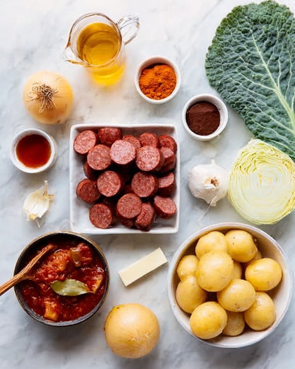 The image shows ingredients arranged on a white marbled surface. At the center, there's a white square bowl filled with sliced sausages, dark reddish-brown in color. Surrounding it are small white dishes containing a thick reddish sauce, a bright orange-red powder, and a dark brown paste. There is a large pale green leafy vegetable at the top right. To the bottom right, there is a white bowl full of small round yellow potatoes. In the bottom left corner, a woman's hand is dipping into a dark bowl with a chunky red sauce that has herbs and a green leaf. Nearby, there is a whole light brown onion, peeled garlic cloves, and a small white stick of butter. There is also a small glass pitcher filled with a golden liquid tightly placed on the top left. The photo looks sharp and natural, photo taken with an iphone --ar 4:5 --v 7