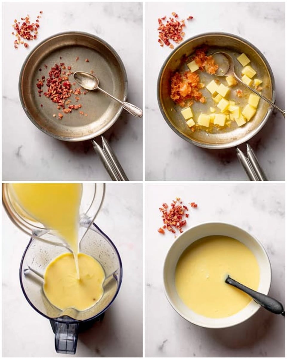 The image shows four steps of making a creamy soup. The first step in the top left is a pan with some small red pieces and a spoon inside. The second step in the top right is the same pan filled with a mix of soft orange and white pieces and a small yellow cube melting, with a clear yellow liquid being poured in from a jug. The third step in the bottom left shows a blender with a light yellow, smooth mixture inside. The last step in the bottom right is a white bowl filled with creamy yellow soup, a black spoon inside, and some small red pieces on the side. All are placed on a white marbled surface. Photo taken with an iphone --ar 4:5 --v 7