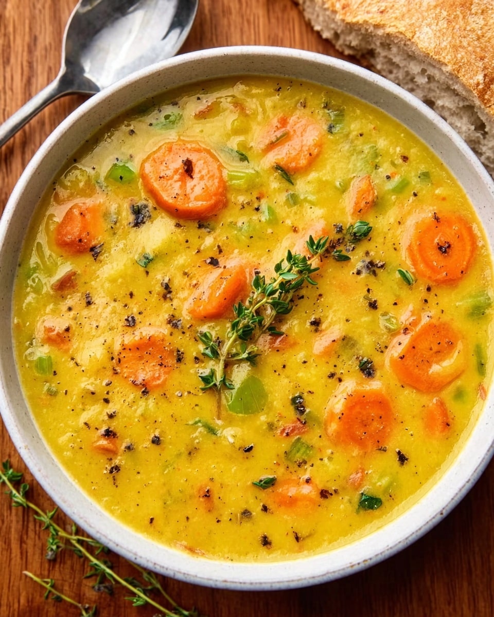 A white bowl filled with thick yellow soup that has visible chunks of bright orange carrot slices and small green pieces, possibly herbs or vegetables. The soup surface shows some black pepper sprinkled on top and a sprig of fresh green thyme placed in the center. The bowl sits on a wooden surface with a spoon next to it and part of a light brown loaf of bread visible on the side. Photo taken with an iphone --ar 4:5 --v 7