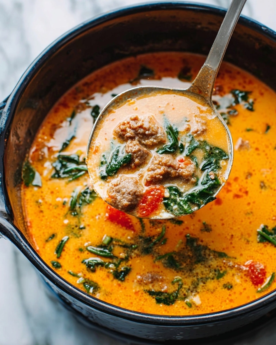 The image shows a close-up of a pot filled with orange soup that looks creamy. A spoon lifts some soup from the pot, showing thick layers of ingredients. The soup has small pieces of browned meat, green leafy vegetables, and bits of red, likely tomatoes. The soup surface has a smooth texture with chunks visible. The pot sits on a white marbled surface. photo taken with an iphone --ar 4:5 --v 7