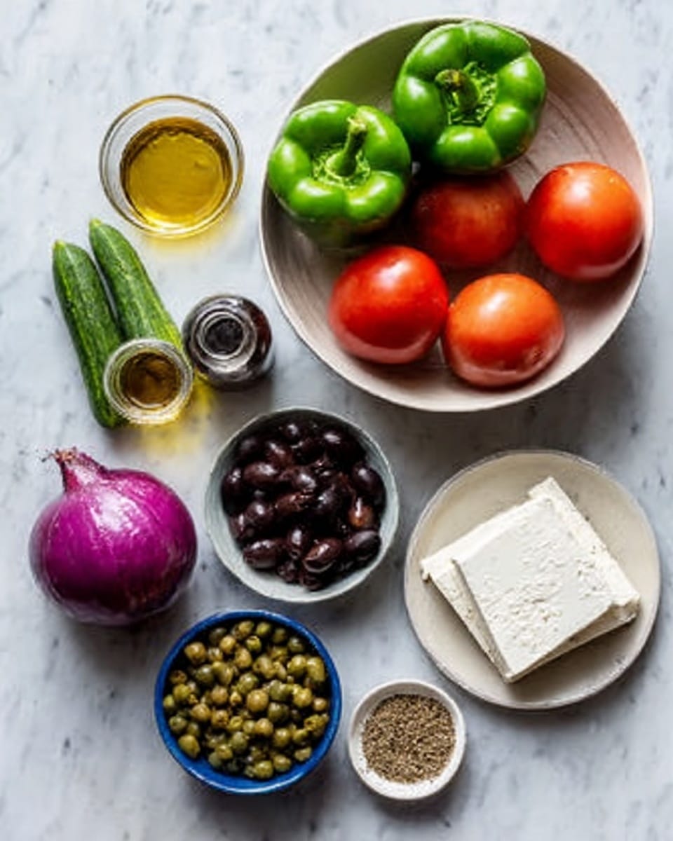 The image shows a white bowl filled with two green bell peppers, two red tomatoes, two small cucumbers, and one purple onion, all fresh and vibrant. Around the bowl on a white marbled surface, there is a small jar of golden olive oil, a small jar of dark balsamic vinegar, a white plate with four rectangular pieces of white cheese, a small white bowl of dark purple olives, a blue bowl filled with green capers, a small bowl of coarse salt, and a small bowl of brown dried herbs. The composition is neat and colorful, highlighting fresh vegetables and ingredients, photo taken with an iphone --ar 4:5 --v 7