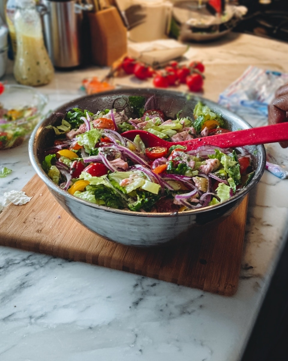A large silver bowl filled with a colorful salad sits on a wooden board over a white marbled surface. The salad has many layers including green lettuce leaves, thin purple onion slices, red cherry tomatoes, light pink chunks of meat, and small pieces of yellow and orange vegetables. A red spoon is inside the bowl, resting among the fresh ingredients. In the background, a woman's hand is about to add more to the bowl, with other kitchen items slightly blurred. photo taken with an iphone --ar 4:5 --v 7