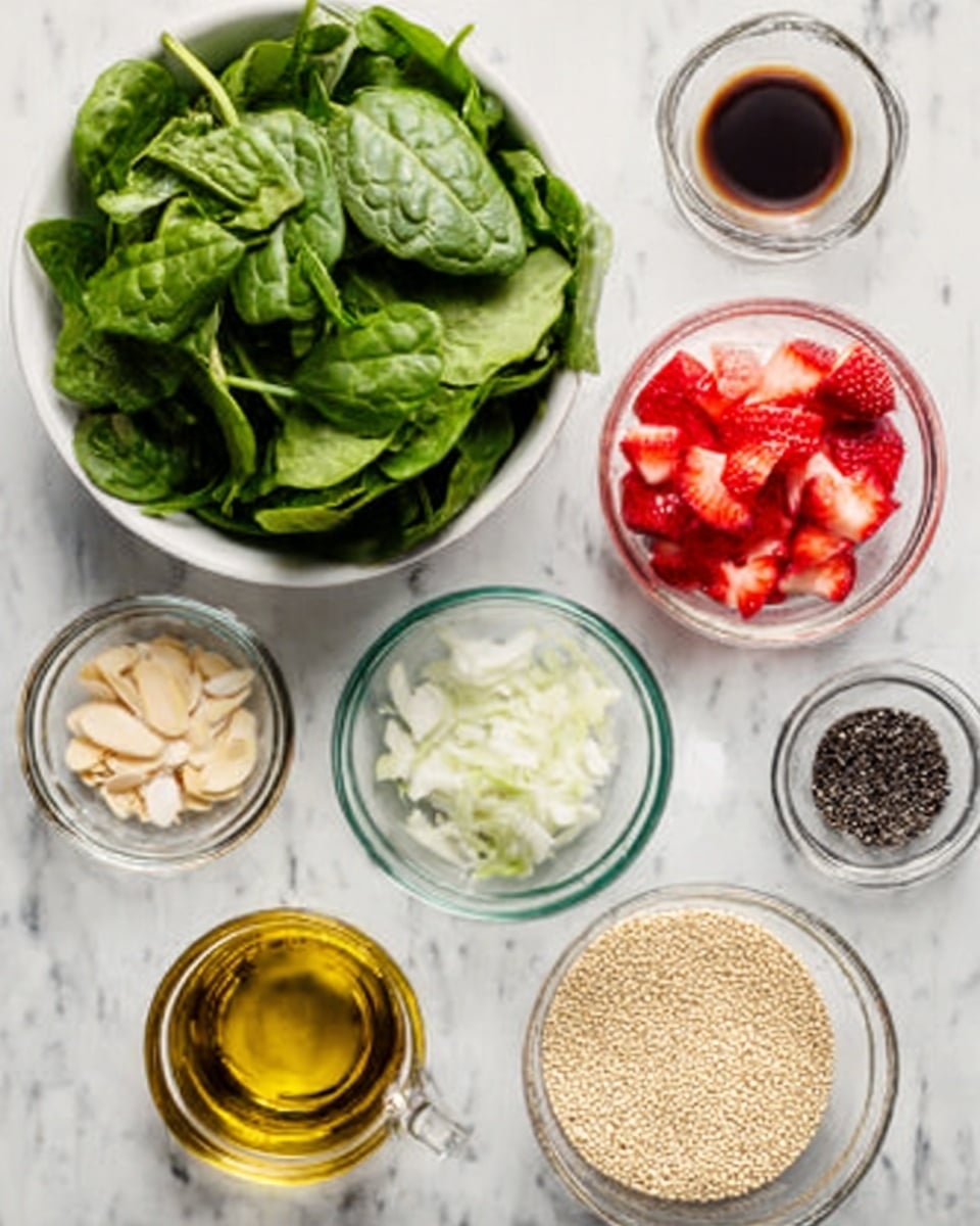The image shows several small clear glass bowls with different ingredients arranged neatly on a white marbled surface. There is a large white bowl filled with fresh green spinach leaves in the top left. Surrounding it are smaller bowls containing bright red chopped strawberries, a light green chopped onion, small pale yellow almond slivers, and dark black seeds. Additionally, there are glass containers holding white granulated sugar, light golden olive oil, a dark brown liquid, and a small bowl with beige quinoa grains. The ingredients are all separated and clearly visible with vibrant colors and smooth textures. Photo taken with an iphone --ar 4:5 --v 7