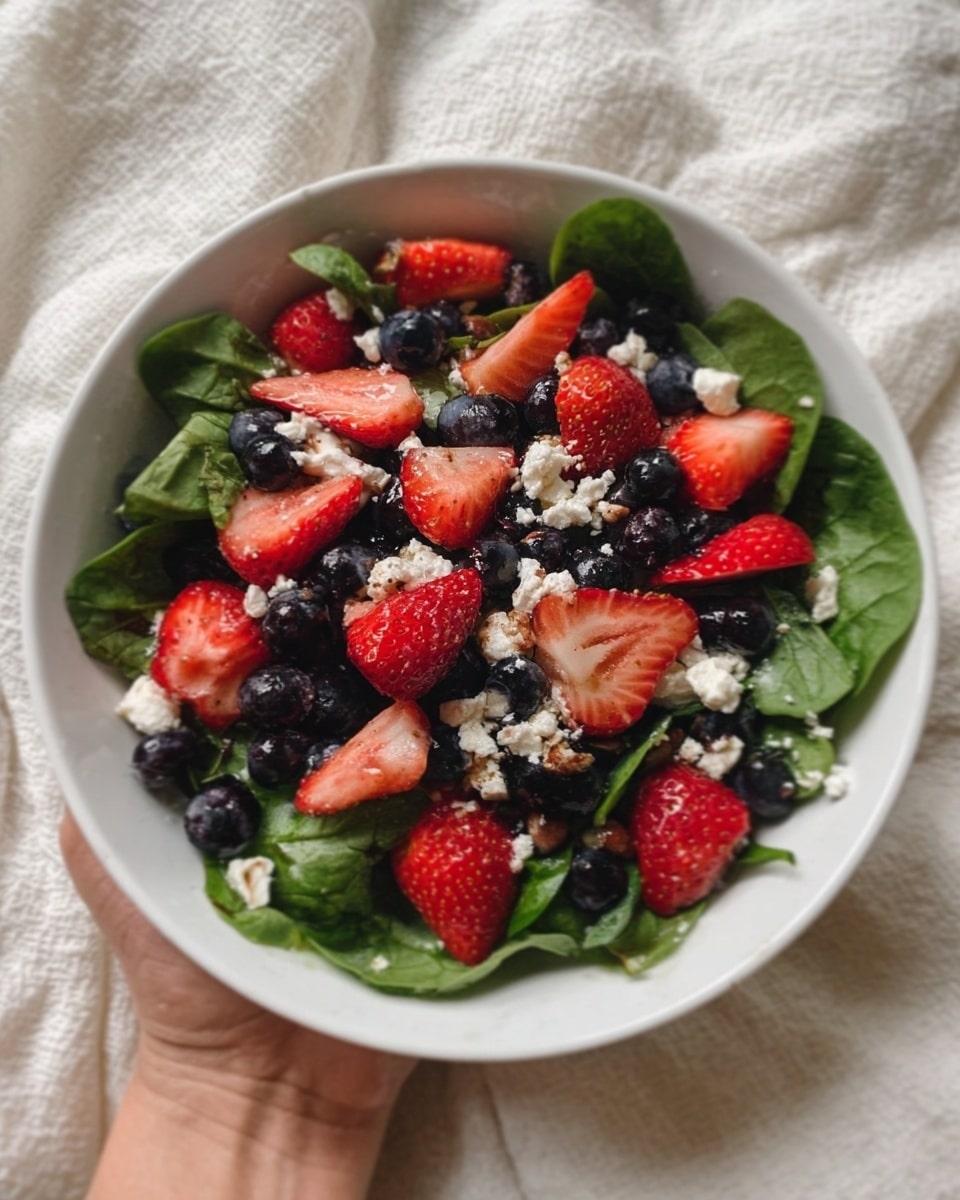 A white bowl filled with fresh green spinach leaves forms the base layer. On top of the spinach, there are colorful layers of halved red strawberries and dark blue blueberries scattered evenly. Small white crumbles of cheese are sprinkled over the fruits and greens, adding texture and contrast. A woman's hand is holding the bowl over a soft cream-colored fabric and a white marbled surface background. The lighting is soft and natural, highlighting the fresh, vibrant colors of the salad photo taken with an iphone --ar 4:5 --v 7