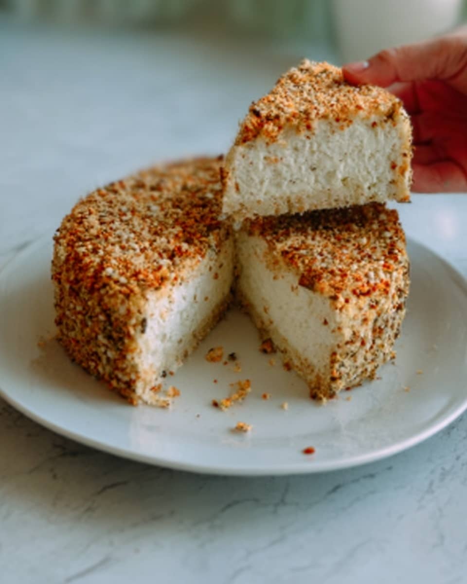 The image shows a round cake with two layers, placed on a white plate. The cake is sliced into three pieces, with one piece lifted and held by a woman's hand above the cake. The cake's outer surface looks crunchy and coated with small seeds or nuts in light brown color, while the inside is soft, fluffy, and white. The background is a white marbled texture. Photo taken with an iphone --ar 4:5 --v 7