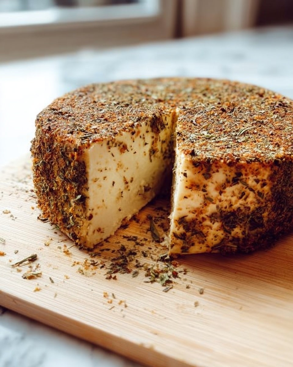 A round, thick cheese wheel is shown on a light-colored wooden board, with one large wedge removed to reveal the inside. The outside layer of the cheese is covered in a mix of dried herbs and spices, giving it a rough texture with shades of brown and green. The inside is smooth and pale yellow with small speckles from the herbs. Some herb crumbs are scattered on the board near the wedge. The background is blurred but shows a soft light coming from a window, and all is set on a white marbled surface photo taken with an iphone --ar 4:5 --v 7