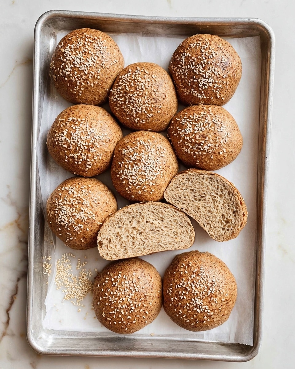 The image shows a metal baking tray lined with white parchment paper holding eleven round whole grain bread rolls topped with white sesame seeds. Nine of the rolls remain whole with a rough, brown crust speckled with sesame, while two of the rolls have been sliced in half and placed in the center of the tray, revealing a dense, light brown inside with an even texture and tiny air holes. The tray is set on a white marbled surface, and a few scattered sesame seeds are visible on the paper around the rolls. photo taken with an iphone --ar 4:5 --v 7