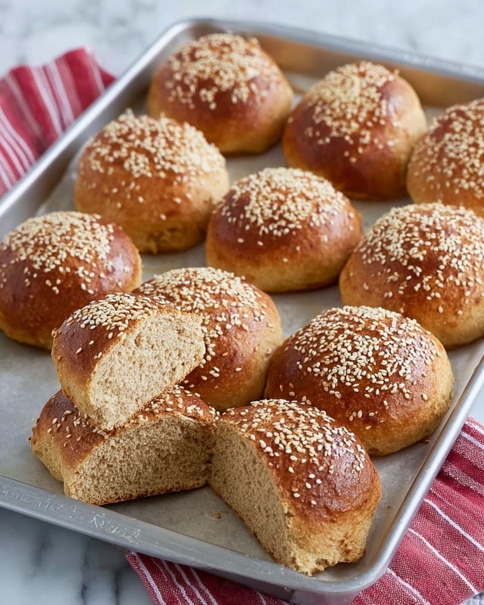 The image shows a metal baking tray with ten small, round bread rolls. Each roll has a brown crust covered with white sesame seeds on top. Two of the rolls are sliced in half, showing a dense, light brown inside with a soft texture. The tray is placed on a white marbled surface, and there is a red and white striped cloth in the background. Photo taken with an iphone --ar 4:5 --v 7