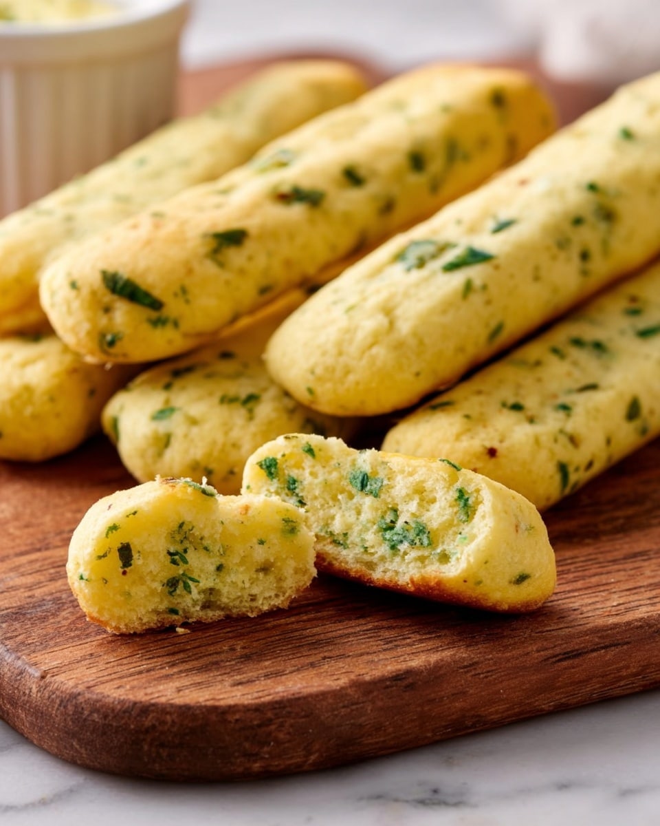 Several light yellow breadsticks with green herb specks are arranged on a wooden board. One breadstick is broken in half, showing a soft inside with visible green herbs. The texture of the breadsticks is slightly crumbly but firm. In the background, part of a white ramekin is visible on a white marbled surface. The image is bright, with a close-up focus on the breadsticks. photo taken with an iphone --ar 4:5 --v 7