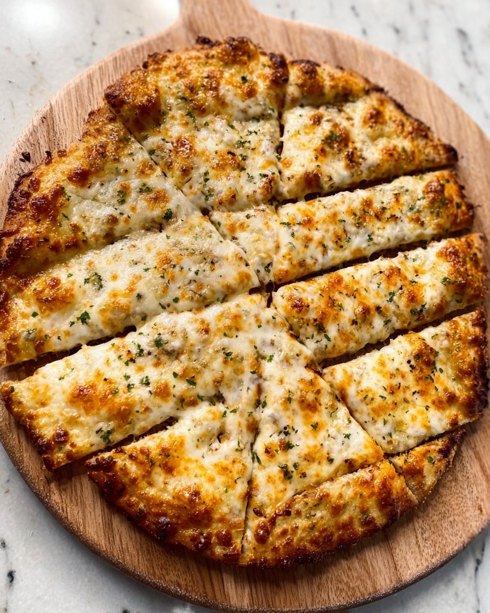 A cooked small round pizza sits on a wooden board on top of a white marbled surface. The pizza has a golden brown crust and is fully covered with melted cheese that looks slightly browned in spots, showing a bubbly and smooth texture. The pizza is cut into small rectangular slices arranged in rows. Some green herb sprinkles are spread evenly over the top. In the corner, a woman's hand holds the wooden board. Photo taken with an iphone --ar 4:5 --v 7