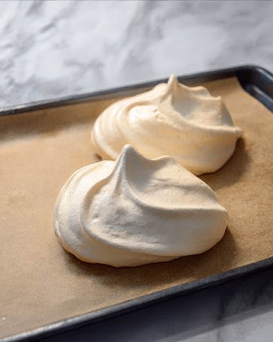 Seven round, light golden baked cookies with a slightly puffy texture sit on a sheet of parchment paper that covers a black baking tray. The cookies have small, uneven bubbles on their tops, giving them a soft, airy look. The tray is placed on a black stove with silver control knobs visible in the background. The overall scene is set against a white marbled surface. Photo taken with an iphone --ar 4:5 --v 7