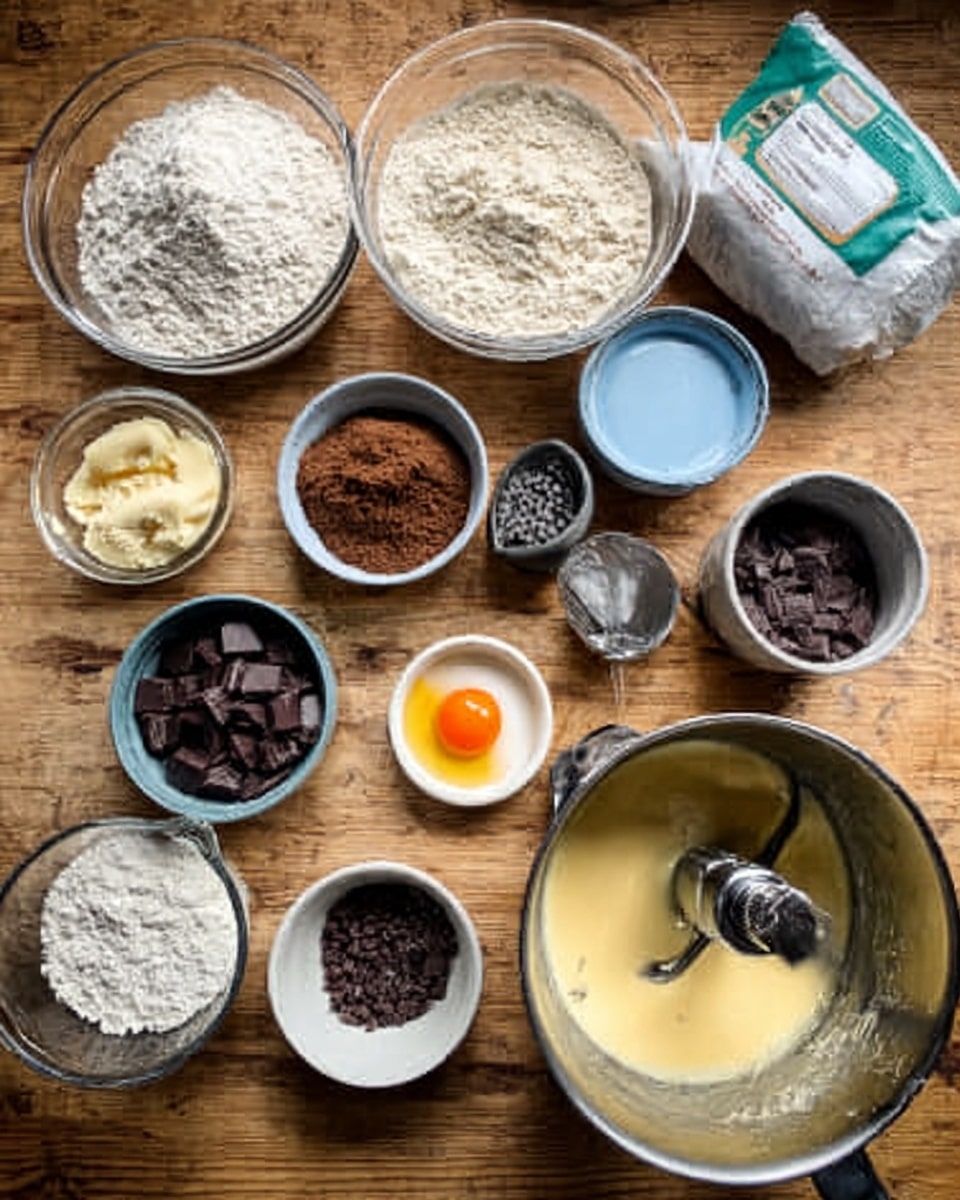A wooden table with a white marbled texture background is full of baking ingredients and tools arranged in a neat layout. There are multiple clear glass bowls, including one large bowl with white flour and another with light tan brown sugar. A small white ceramic bowl holds a single bright orange egg yolk. There are white bowls filled with dark chocolate pieces and cacao nibs placed near a vintage metal sifter. A small blue container and a plain white tub are also present, with a bag of white flour standing behind them. On the right side, a metallic mixing bowl with a blender attachment is filled with a pale yellow batter. The colors range from the soft whites of flour and bowls, warm browns of sugar and wooden surface, to the rich dark of chocolate pieces and the bright pop of the orange yolk, creating a homey baking scene. photo taken with an iphone --ar 4:5 --v 7
