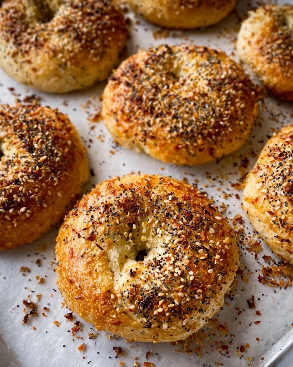 The image shows several round, golden bagels resting closely on a white parchment-lined baking tray. Each bagel has a slightly uneven surface covered with a crunchy, toasted topping made of sesame seeds, black onion seeds, and bits of dried onion. The bagels' edges are smooth but with some small bumps, and their color varies from light golden to a deeper brown where the toppings are more baked. The white marbled surface is visible around the tray edges, creating a clean and bright background. Photo taken with an iphone --ar 4:5 --v 7