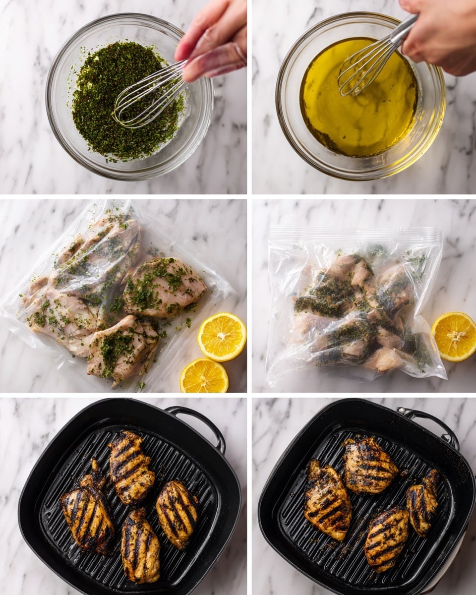 The image shows six steps of marinating and grilling chicken. The first row has three clear white bowls on a white marbled surface: the first bowl has chopped herbs at the bottom, the second bowl shows golden olive oil being poured in, and the third bowl shows a woman's hand whisking the mixture inside the bowl. The second row shows the next stages: the first image is a plastic bag with raw chicken pieces mixed with the herb marinade, lying flat on a white marbled surface with a sliced lemon nearby; the second image shows two raw marinated chicken pieces placed on a black grill pan with grill lines visible underneath; the third image shows two grilled chicken pieces with dark grill marks, alongside grilled lemon slices, in the same black grill pan. The photo taken with an iphone --ar 4:5 --v 7