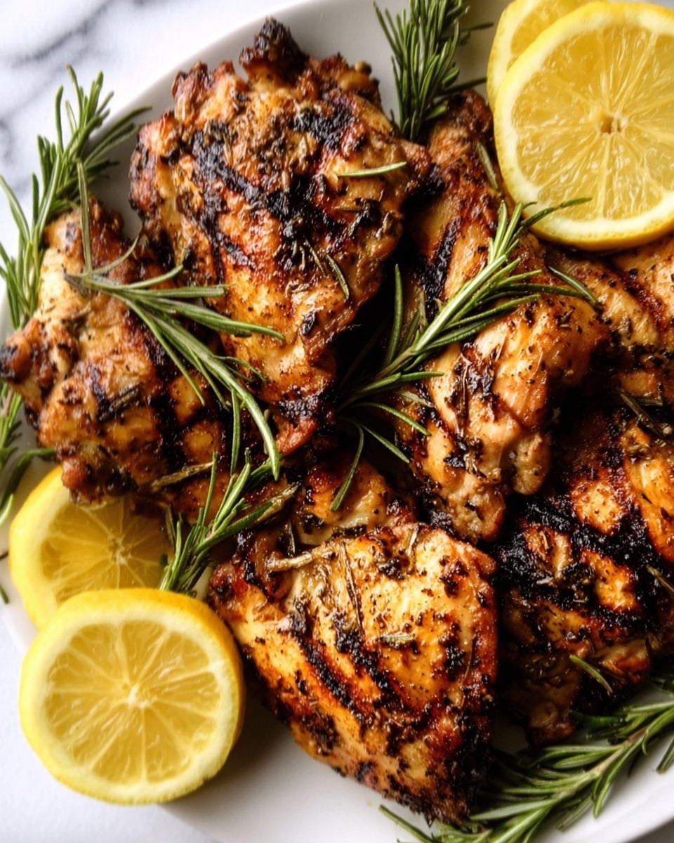 The image shows grilled chicken pieces with a golden brown color and char marks, placed on a white plate. There are fresh green rosemary sprigs scattered on top and around the chicken. Lemon wedges with bright yellow skin and juicy interiors are placed on and near the chicken pieces. The background is a white marbled texture. photo taken with an iphone --ar 4:5 --v 7