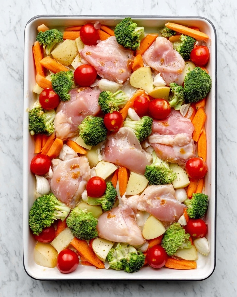 The image shows a white baking tray filled with raw chicken pieces surrounded by a mix of colorful vegetables. There are small orange carrots, green broccoli florets, white garlic cloves, and bright red cherry tomatoes spread evenly around the chicken. The chicken pieces are light pink and placed in different spots on the tray with vegetables filling the spaces in between. The tray rests on a white marbled surface, creating a clean and bright background. Photo taken with an iphone --ar 4:5 --v 7