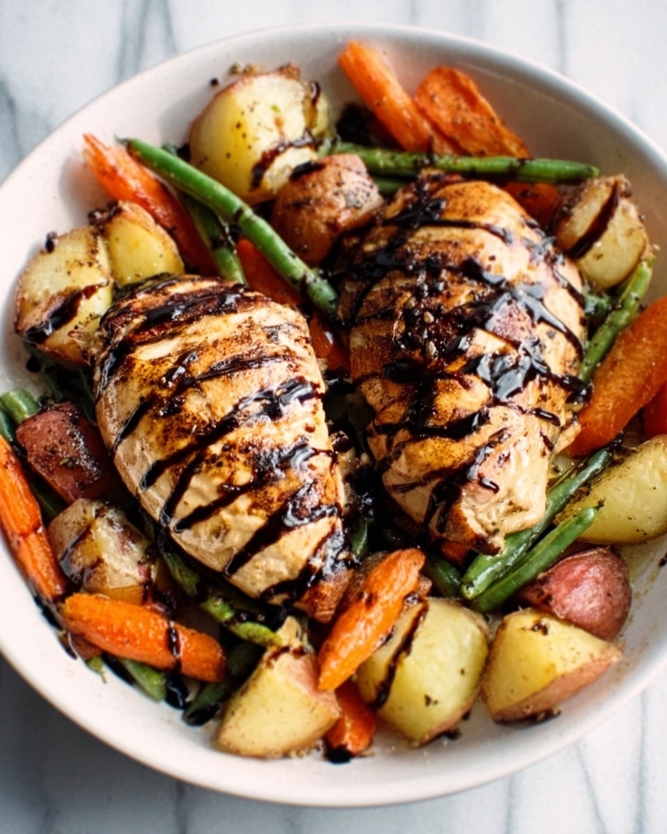 A white bowl filled with two pieces of grilled chicken, each with visible grill marks and a slightly browned texture, placed on a bed of mixed vegetables including carrots, green beans, and roasted potatoes. The vegetables vary in color from bright orange to green and light golden brown, scattered evenly around the chicken. A dark balsamic glaze is drizzled over the top of both chicken pieces and some vegetables, creating thin lines and a glossy finish. The bowl is set on a white marbled surface. photo taken with an iphone --ar 4:5 --v 7