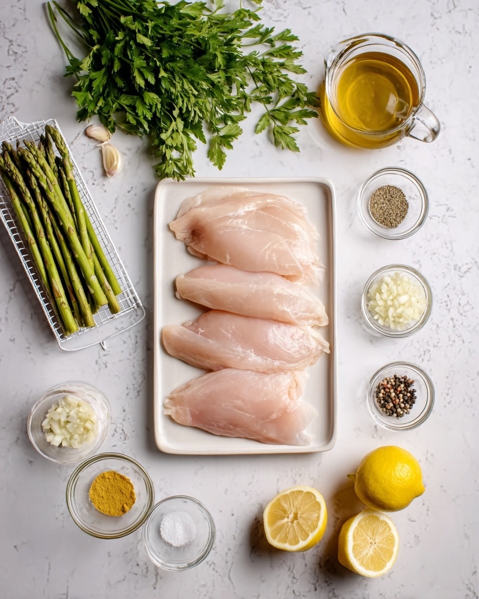The image shows a top view of cooking ingredients neatly arranged on a white marbled surface. In the center, there is a rectangular white tray with four raw chicken fillets, pale pink and smooth, lying flat side by side. Around the tray are small clear bowls with various seasonings: a bowl with yellow powder, another with black pepper, a bowl with white salt, and a bowl with finely chopped shallots. On the bottom right are two halved lemons with bright yellow skin and juicy inside. To the left, there is a white wire rack holding fresh green asparagus spears. At the top left, fresh green parsley leaves spread casually. There is also a glass of light golden oil and a clear cup with light brown broth, both placed next to the chicken tray. The whole setup looks clean, organized, and ready for cooking. Photo taken with an iphone --ar 4:5 --v 7