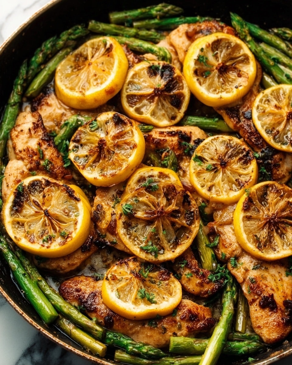 The image shows a pan filled with cooked chicken pieces layered with grilled lemon slices on top. The chicken is golden brown with some crispy edges, and the lemon slices are slightly charred, giving a mix of yellow and brown colors. Around the chicken and lemon, there are green asparagus spears scattered in the pan, adding a fresh contrast. The texture of the chicken looks juicy and tender, while the lemons look soft and slightly caramelized. The pan is set on a white marbled surface. Photo taken with an iphone --ar 4:5 --v 7
