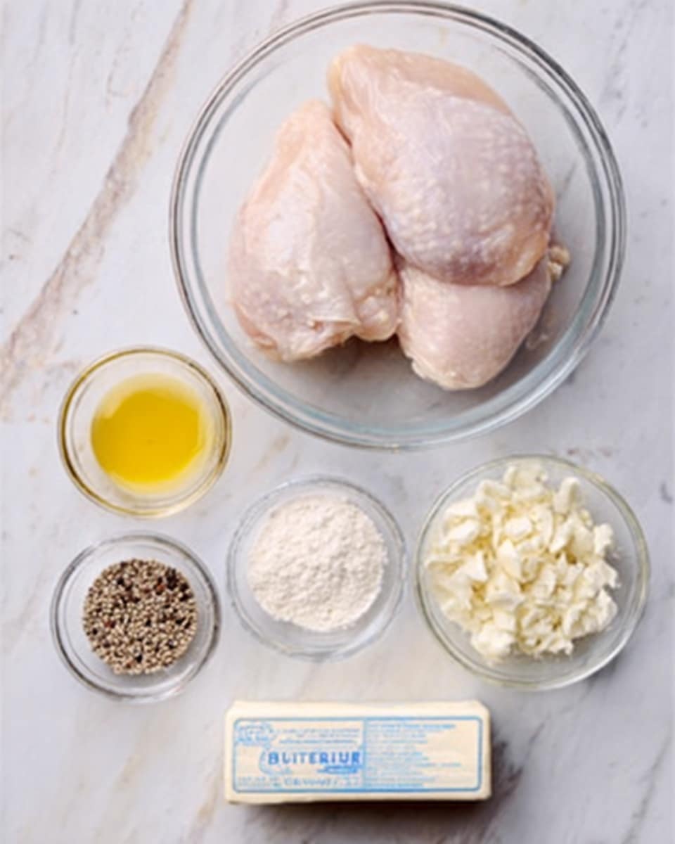 The image shows a clear round glass bowl on a white marbled surface, containing two large pieces of raw chicken with a pale pink color and smooth texture. Around the bowl are five small clear glass bowls arranged loosely below it; the first bowl on the left contains a yellow liquid, likely melted butter or oil, the middle bowl has white powder, probably flour, and the bottom left bowl holds a mix of black and white peppercorns. To the right, there is a pile of small chopped white garlic pieces, and just below that, a rectangular packaged stick of butter with blue and white wrapping. photo taken with an iphone --ar 4:5 --v 7
