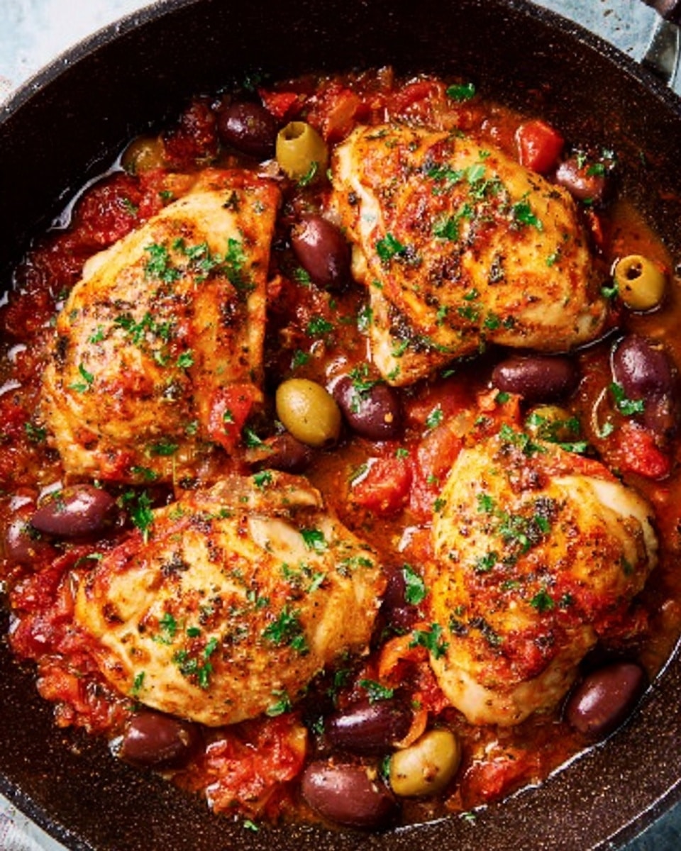 The image shows a pan with four cooked chicken pieces on top. The chicken is golden brown with some red sauce underneath, mixed with olives and small bits of vegetables, all spread on the pan’s dark surface. The chicken pieces have a slightly crispy look with herbs sprinkled on top. The sauce is chunky and appears moist, surrounding each piece evenly. Photo taken with an iphone --ar 4:5 --v 7