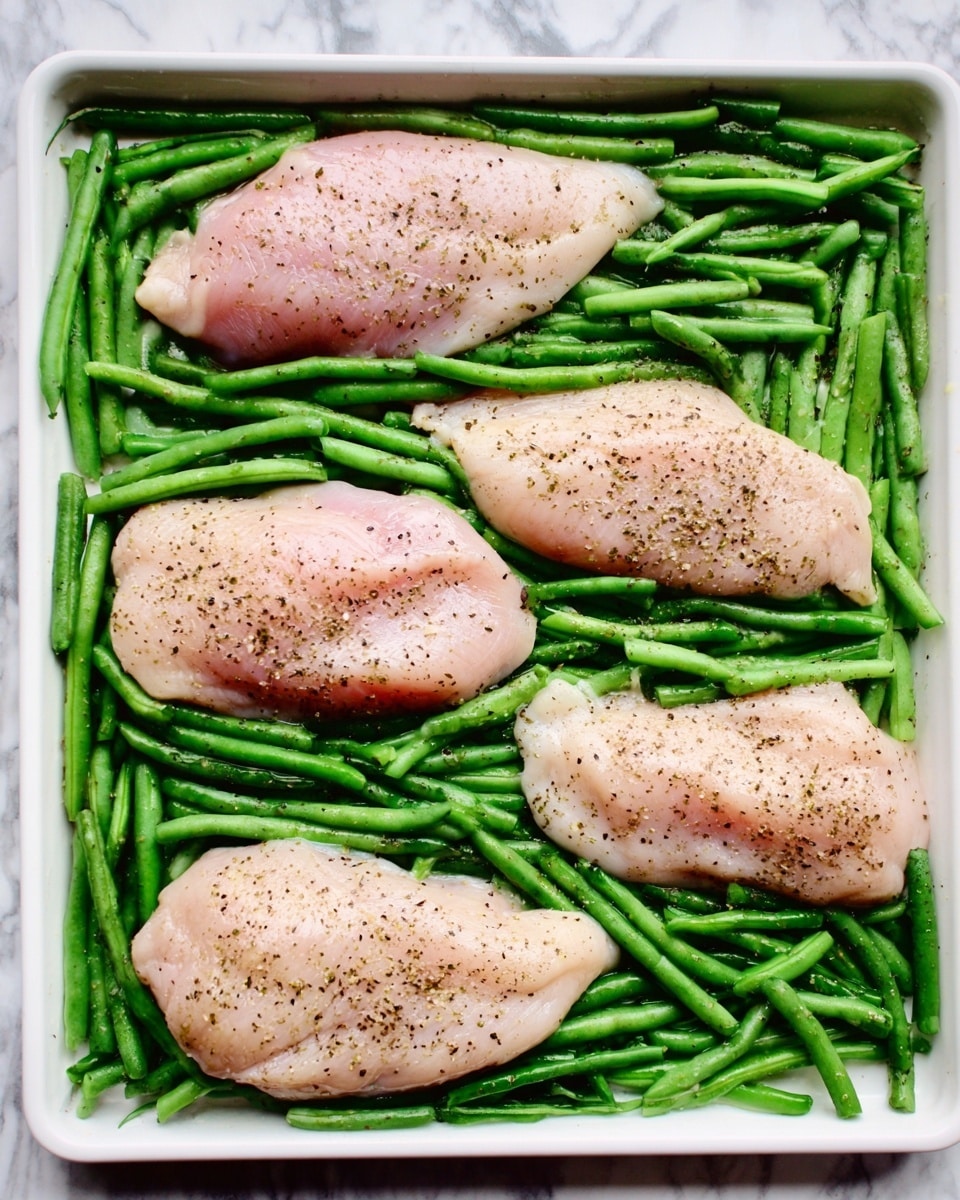 Four raw chicken pieces are placed in a row on a bed of fresh green beans, all arranged on a white tray. The chicken pieces are pale pink with spots of black pepper sprinkled on top. The green beans are bright green and evenly spread, creating a textured green background beneath the chicken. The scene is set on a white marbled surface. photo taken with an iphone --ar 4:5 --v 7