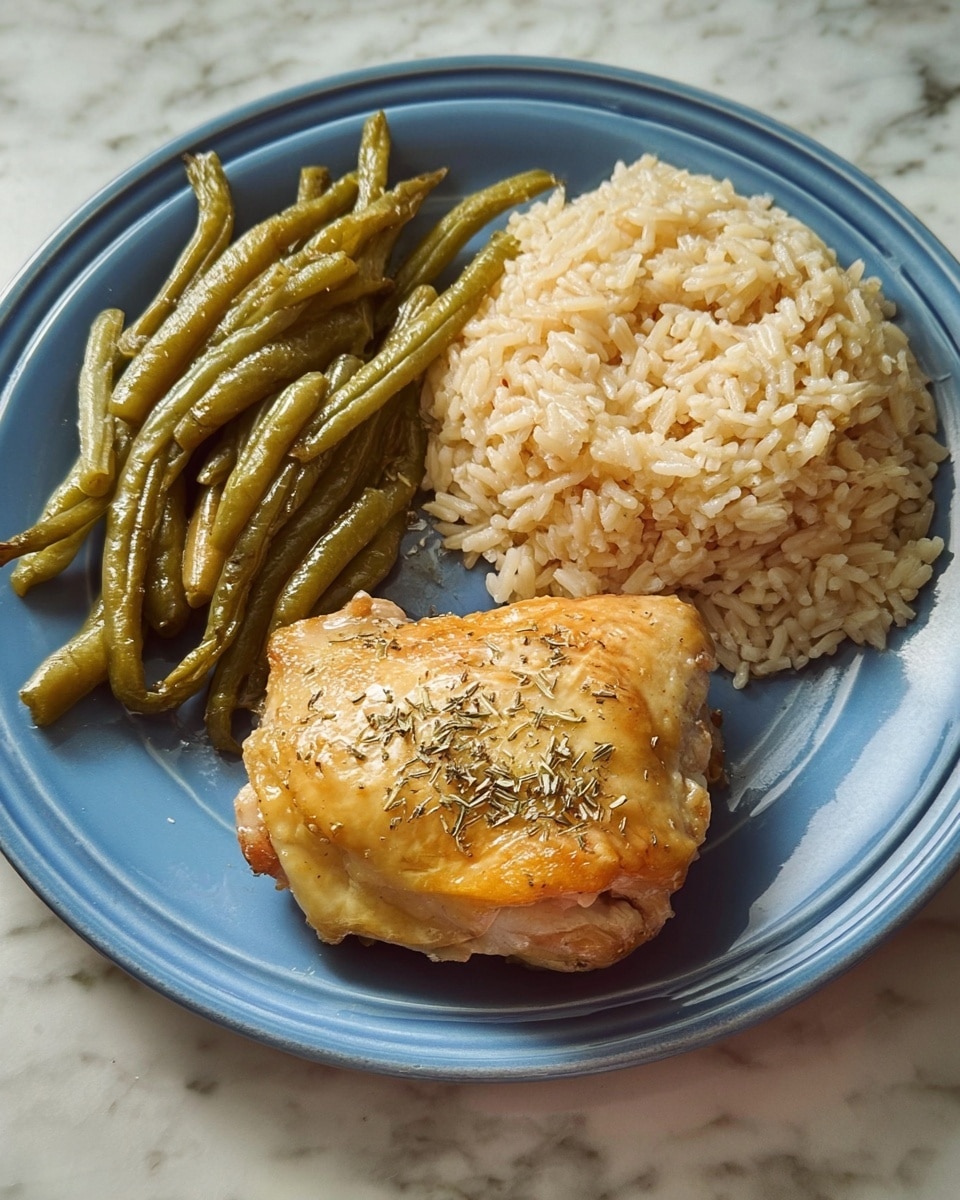 A blue plate holds a meal on a white marbled surface. The plate has three sections: in the top right is a mound of light beige rice with a soft and slightly sticky texture, next to it on the left is a cluster of cooked green beans showing a muted green color with a slightly wrinkled texture, and in the bottom center is a single piece of cooked chicken with a golden brown, slightly shiny skin that looks tender, sprinkled lightly with dried herbs. photo taken with an iphone --ar 4:5 --v 7
