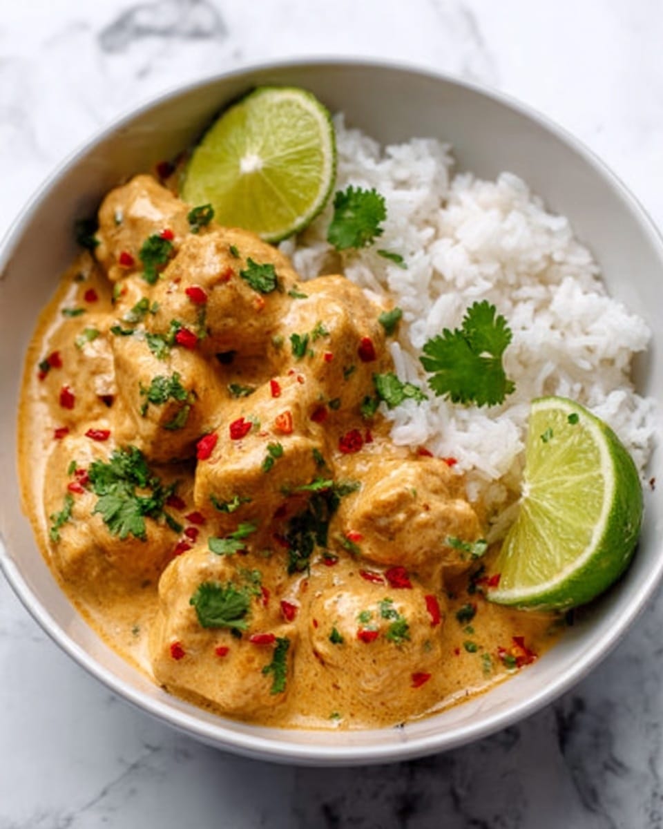 The dish shows a white bowl filled with white rice on one side and several pieces of chicken coated in a creamy orange sauce on the other side. The chicken pieces have small red chili flakes and green cilantro leaves sprinkled on top. Two bright green lime wedges rest on the edge of the bowl. The bowl is set on a white marble surface. The photo has a close-up view with soft lighting that brings out the creamy texture of the sauce and the freshness of the garnish. Woman’s hand is not visible in this image. photo taken with an iphone --ar 4:5 --v 7