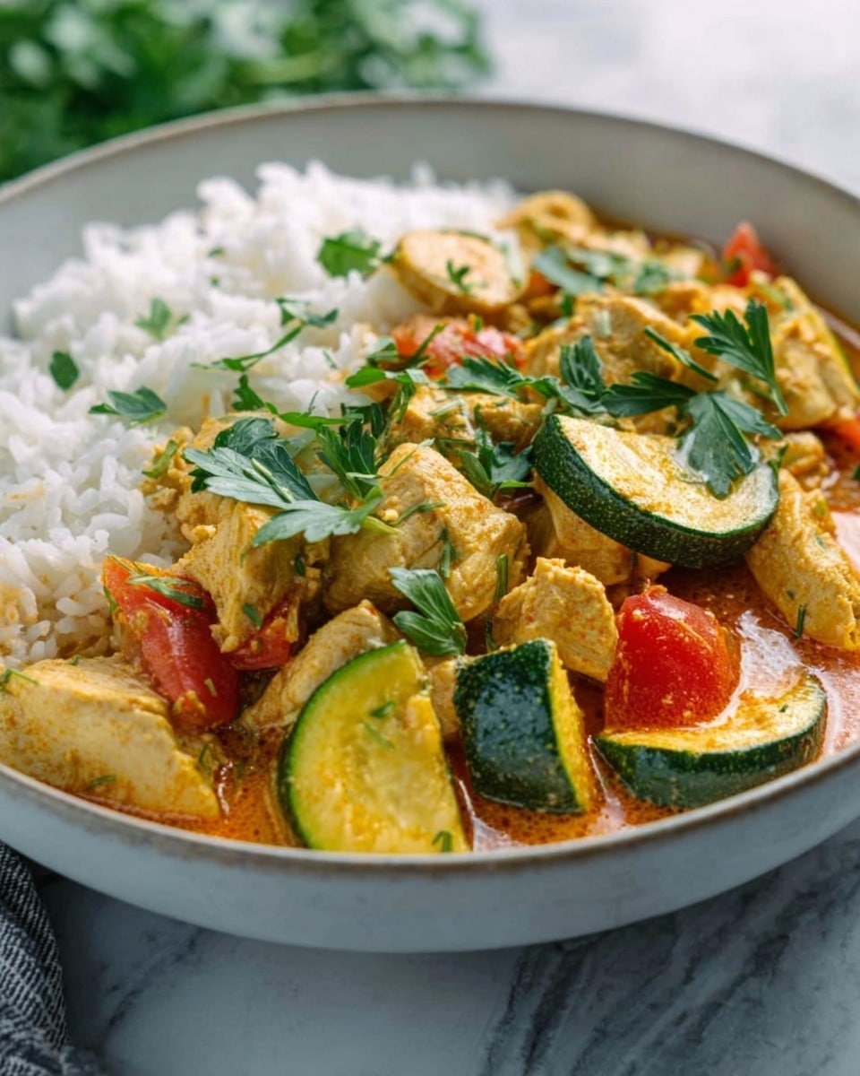 The dish shows a white bowl filled with fluffy white rice on one side, with a colorful curry on the other side. The curry has several layers: soft orange sauce, chunks of cooked chicken with light brown and white tones, bright green zucchini slices, and small red tomato pieces. Fresh green parsley leaves are scattered on top as garnish. The bowl sits on a white marbled surface, with a blurred background. photo taken with an iphone --ar 4:5 --v 7