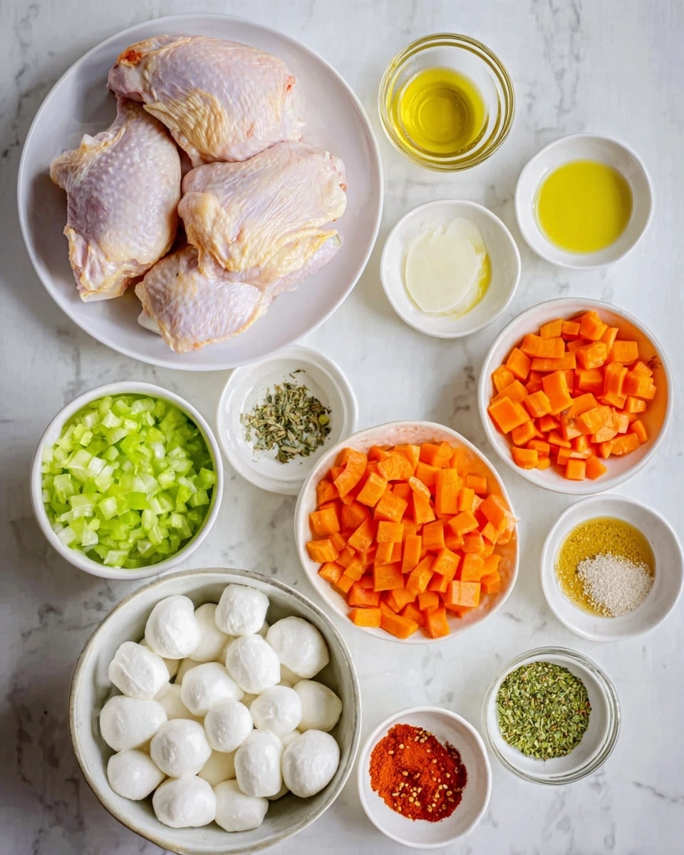 The image shows several ingredients laid out neatly on a white marbled surface, ready for cooking. At the top left, there is a white plate holding four raw pieces of chicken with pale pink skin. Below and to the right, a medium white bowl is filled with small white balls of mozzarella cheese. Several small white bowls and dishes contain colorful ingredients: bright orange diced carrots, vibrant green chopped celery, light yellow garlic paste, golden honey, clear olive oil, crushed red pepper, herbs, and spices. The scene is bright, clean, and organized with a fresh, simple look. Photo taken with an iphone --ar 4:5 --v 7