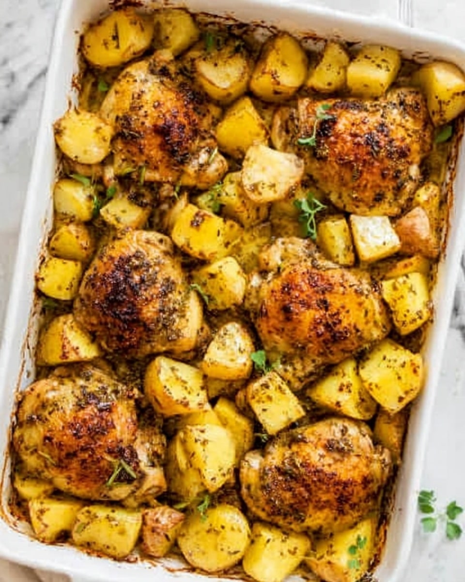A white rectangular baking dish filled with golden baked chicken thighs seasoned with herbs and spices. The chicken pieces are surrounded by small, evenly cut chunks of golden roasted potatoes. The dish has a rustic texture with crispy browned spots on both the chicken and potatoes. A few small green herbs are scattered on top, adding a touch of color. The background is a white marbled surface. photo taken with an iphone --ar 4:5 --v 7