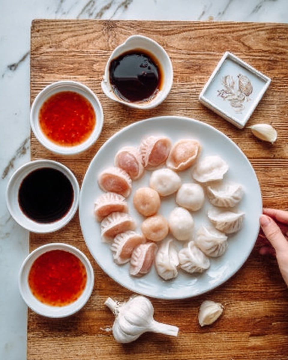 A white plate filled with two types of dumplings, light pink and white, arranged in a circular pattern on a wooden surface. Around the plate are four small white bowls containing different sauces: a dark soy sauce, a reddish-brown sauce, and two small bowls with bright red sauce and something white and thick. A woman's hand holds a small white square dish with an illustration and a clove of garlic nearby. The background is a white marbled texture. photo taken with an iphone --ar 4:5 --v 7