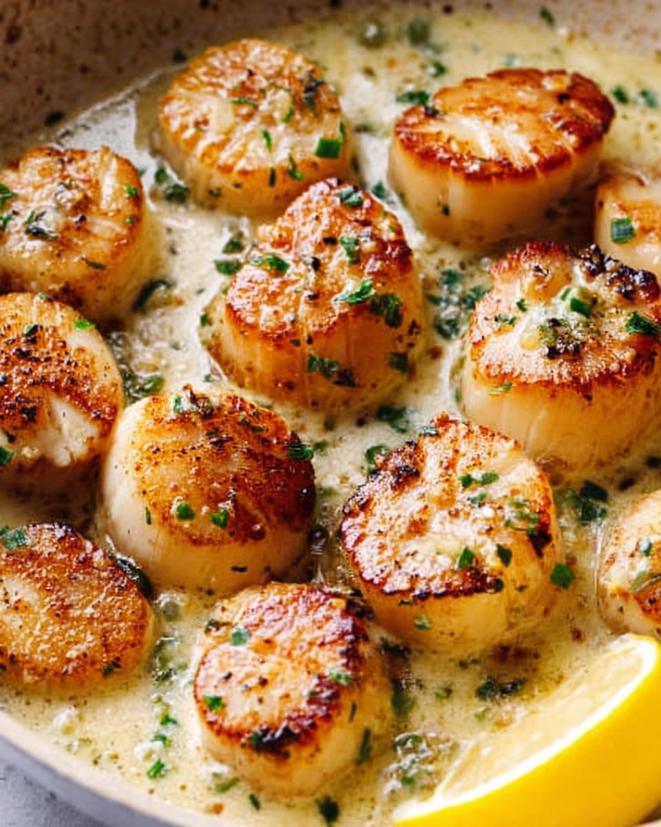 The image shows golden brown seared scallops with a slightly crispy texture on top, sitting in a creamy sauce with small green herbs sprinkled on them. The scallops are arranged closely together in a shallow white pan with a white marbled surface beneath. A bright yellow lemon wedge rests to the right side of the scallops, adding a fresh contrast to the warm tones. The creamy sauce looks smooth and rich, partially covering the scallops and pooling around their base. Photo taken with an iphone --ar 4:5 --v 7